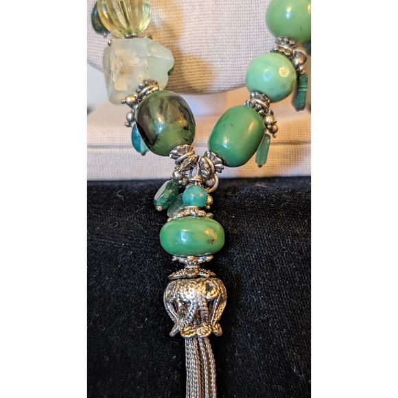 Green Multi-Shape and Color Beaded Silver Tone Tassel Necklace - Picture 7 of 11